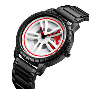 SKMEI Mens Watches Top Brand Luxury Car Wheel Rotating Dial Creative Watches Quartz Man Wrist Watch Relogio Masculino(White Dial)